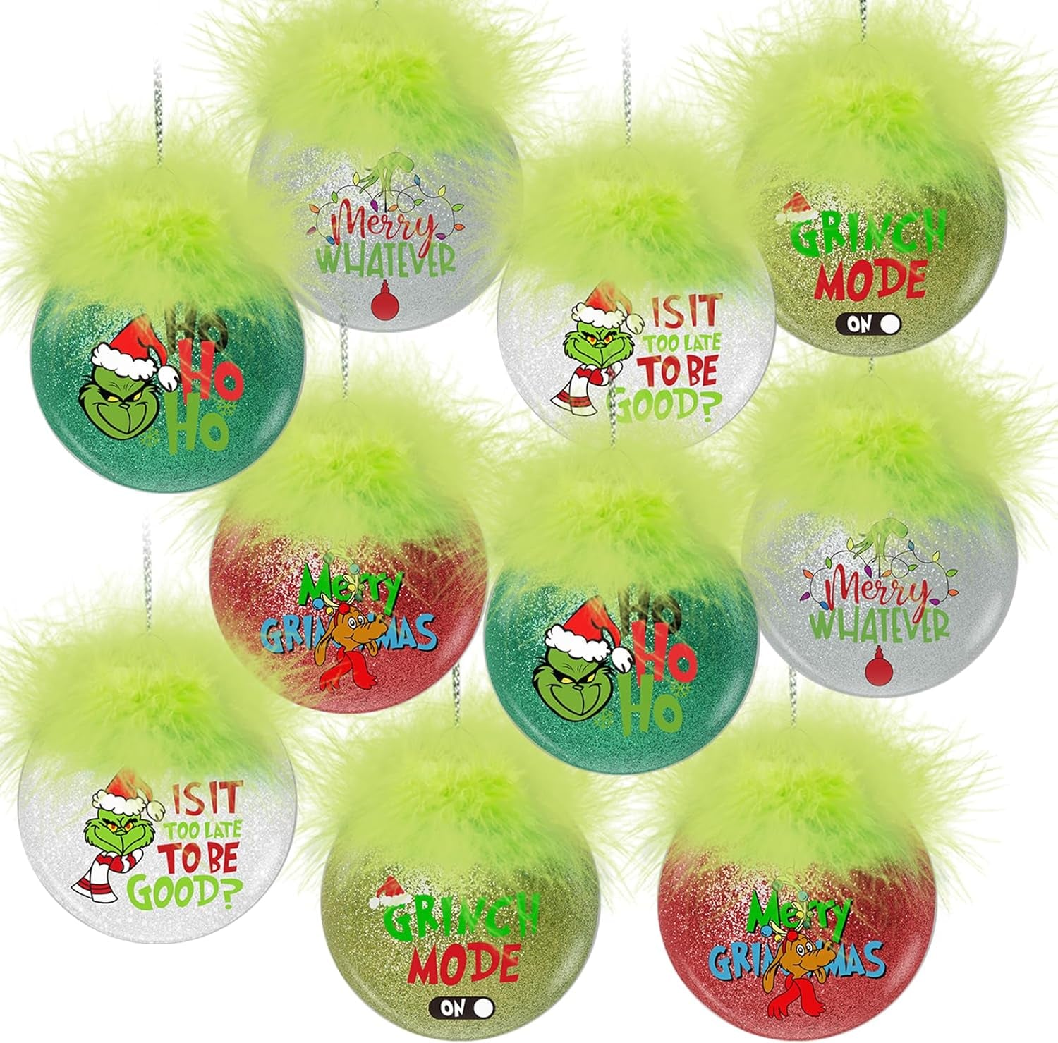 Christmas Decorations Indoor, 10Pcs Cute Christmas Tree Ornaments Balls with Fuzzy Green Hair, Glitter Hanging Christmas Balls for Tree Crafts Fireplaces Xmas Party Supplies Home Office Decor