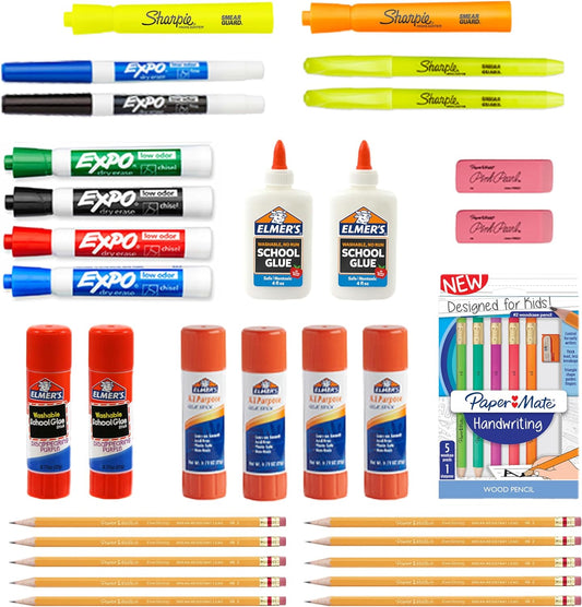 School Supplies Variety Pack, My First All in One Pack, Expo, Paper Mate, Elmer’S, Glue Sticks, Pourable Glues, Pencils, Dry Erase Markers, Highlighters, and More, 31 Count