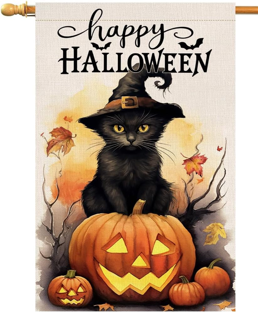 Halloween Cat House Flag 28 X 40 Vertical Double Sided Happy Halloween Pumpkin Holiday outside Decorations Burlap Yard Flag BW479-40