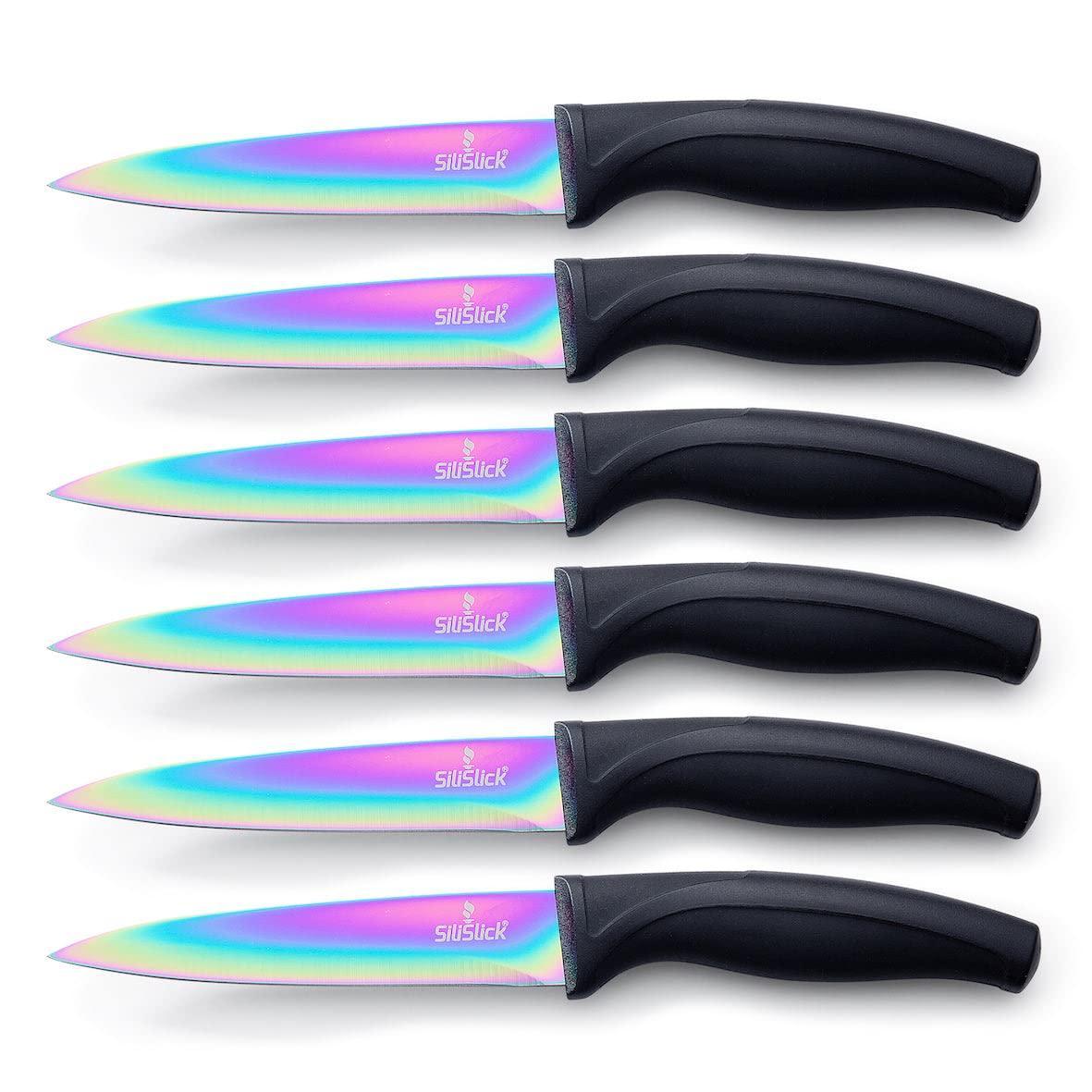 Stainless Steel Steak Knife Set   Titanium Coated Colorful Kitchen Knives with