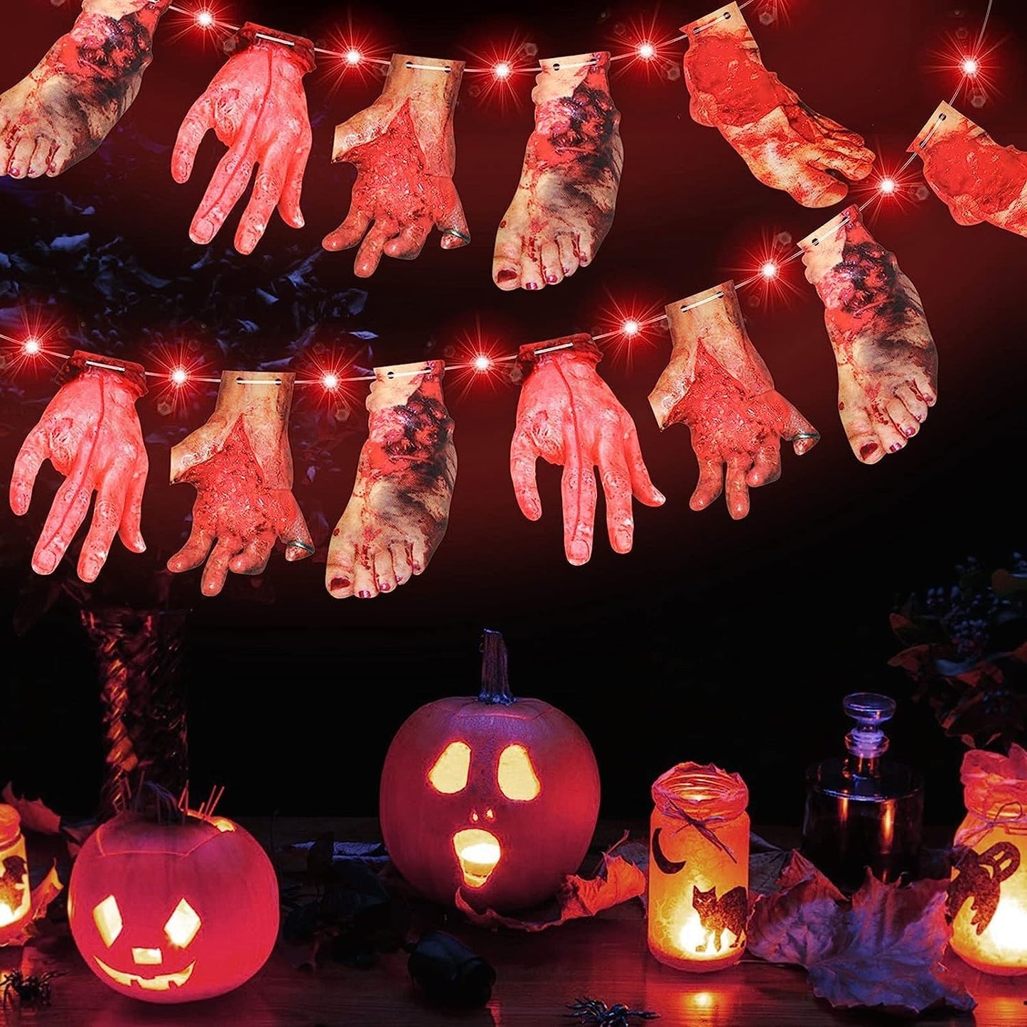 Halloween Red LED Lights with Hands and Feet Hanging Banner Cards 9.8 Ft 30 LED 2 Modes Battery Halloween Lights for Halloween Party Decoration(1 Set)