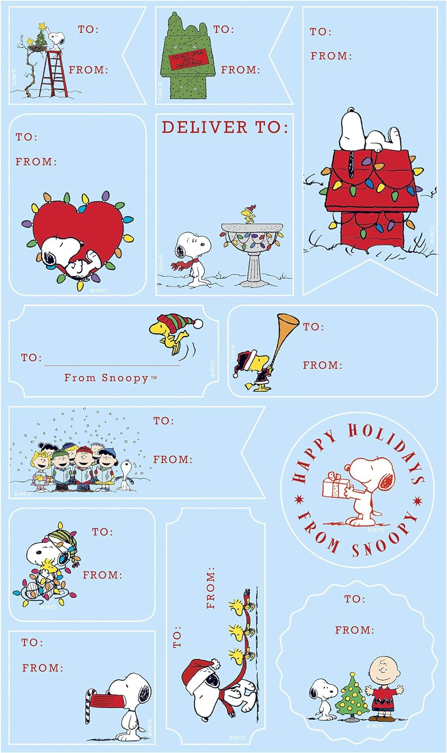 Peanuts™ Gift Labels | 52 Self-Adhesive Christmas Stickers | 13 Designs with Red Foil Accents | to and from Names | for Holiday Wrapping Paper & Gift Bags