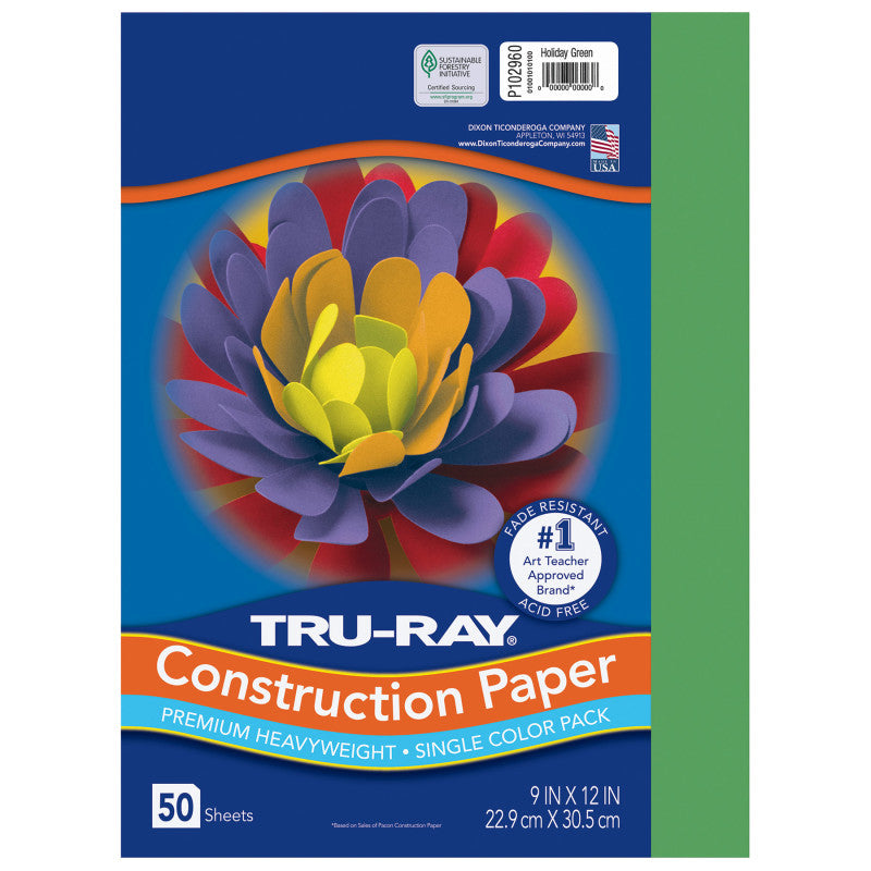 Construction Paper, Heavyweight, Holiday Green, 9" x 12", 50 Sheets