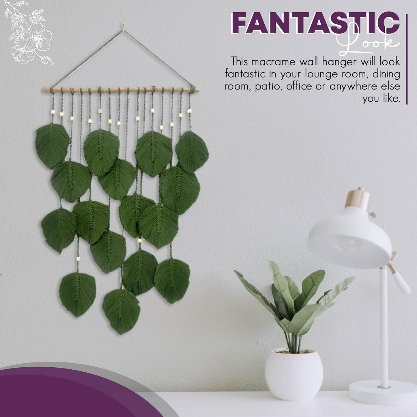 3Mmx180Yards Boho Macrame Kit -Macrame Supplies - Boho DIY Kits - Macrame Kits for Adults Beginners - Macrame Wall Hanging Kit -Leaf Tapestry, with 2 Macrame Rolls, Accessories & QR Code (Green)