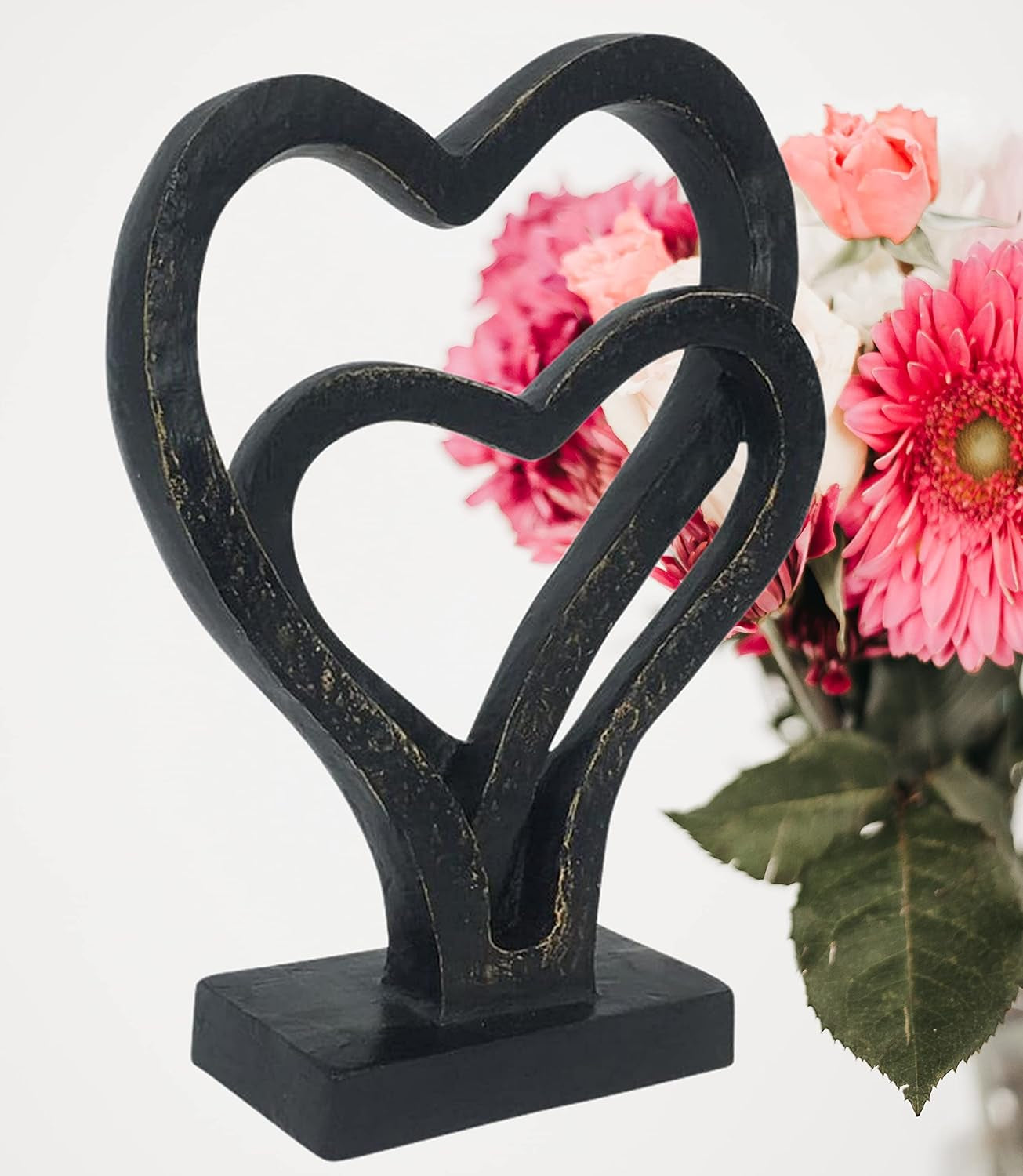 24827 Heart Statues Eternity Double Love Romantic Sculpture, 11 Inches, Anniversary Valentines Couple Gift for Her Home Decor, Modern Art Bond of Marriage