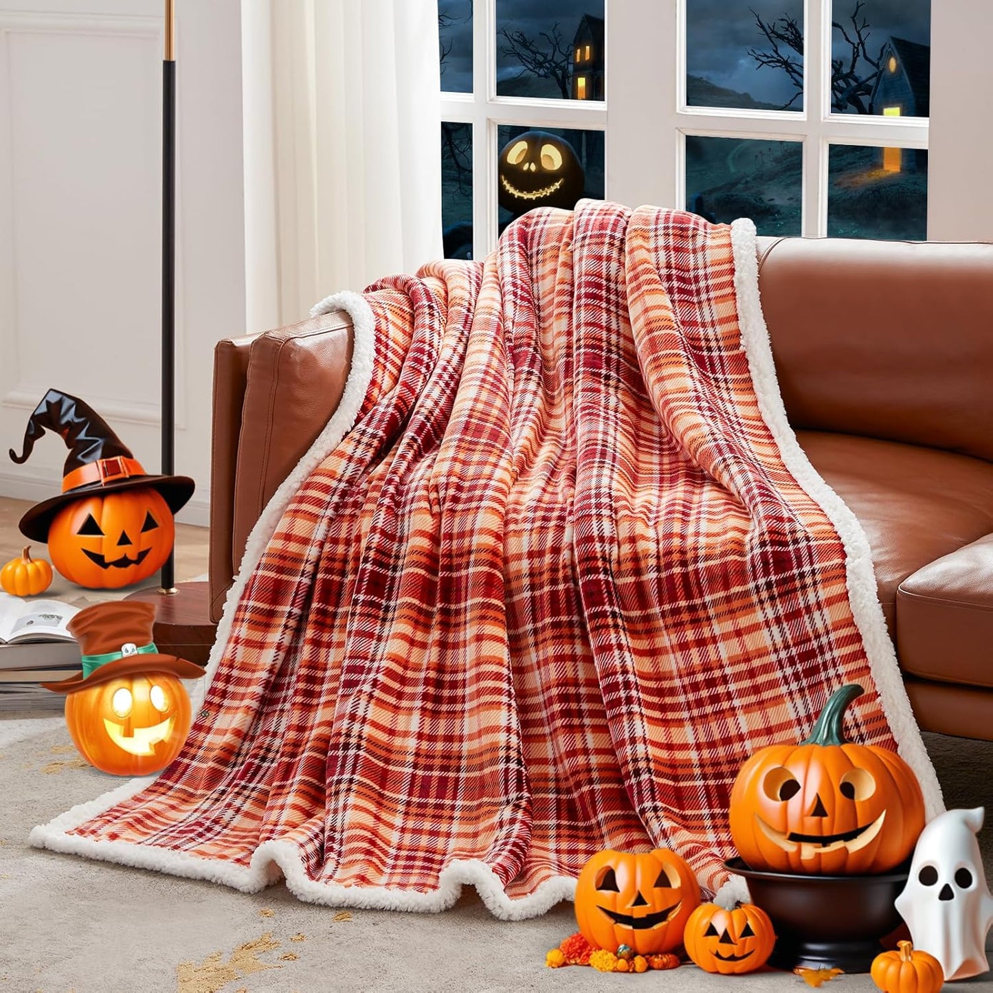 Sherpa Halloween Plaid Throw Blanket(60" X 70", Plaid Orange), Fuzzy Fluffy Cozy Soft Blanket, Fleece Flannel Plush Twin Size Microfiber Blanket for Couch Bed Sofa