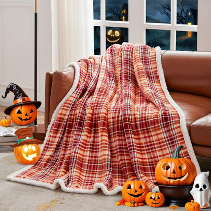 Sherpa Halloween Plaid Throw Blanket(60" X 70", Plaid Orange), Fuzzy Fluffy Cozy Soft Blanket, Fleece Flannel Plush Twin Size Microfiber Blanket for Couch Bed Sofa