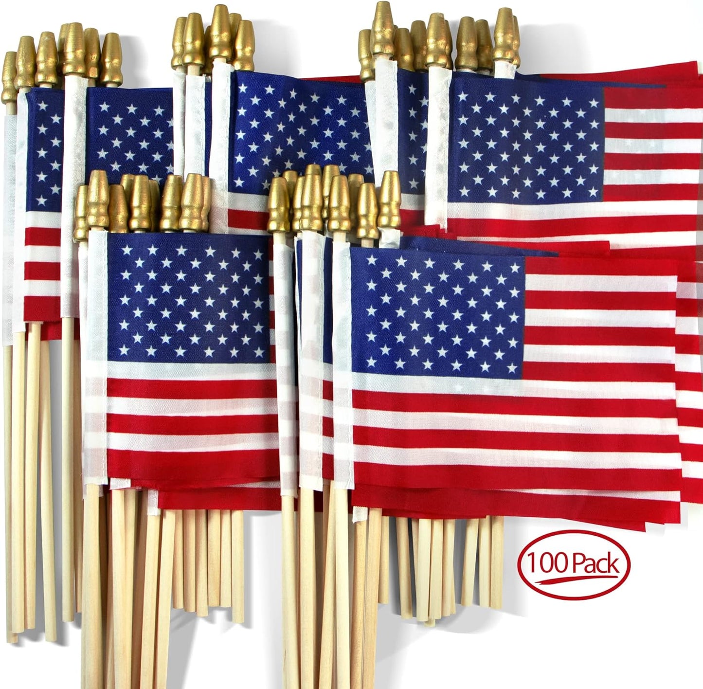 LOT of 50 - USA 4X6 in Wooden Stick Flag - July 4Th Decoration, Veteran Party, Grave Marker, Etc. - Handheld American Flag with Kid Safe Golden Spear Top (Pack of 50)