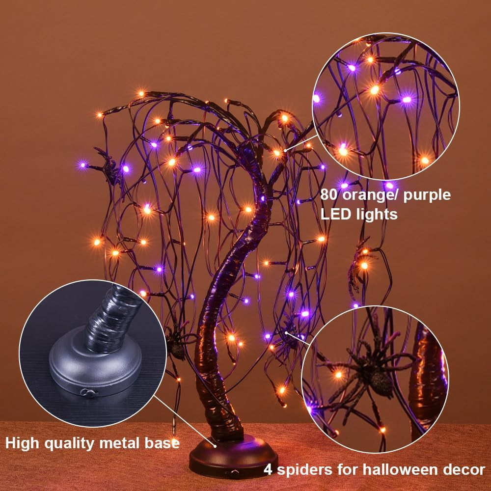 24Inch Halloween Lighted Willow Tree Bonsai Light 80 Orange and Purple LED Lights Table Top Lamp Artificial Tree Desk Decor with 4 Spiders Adapter Plug In/Battery Powered for Christmas Decoration