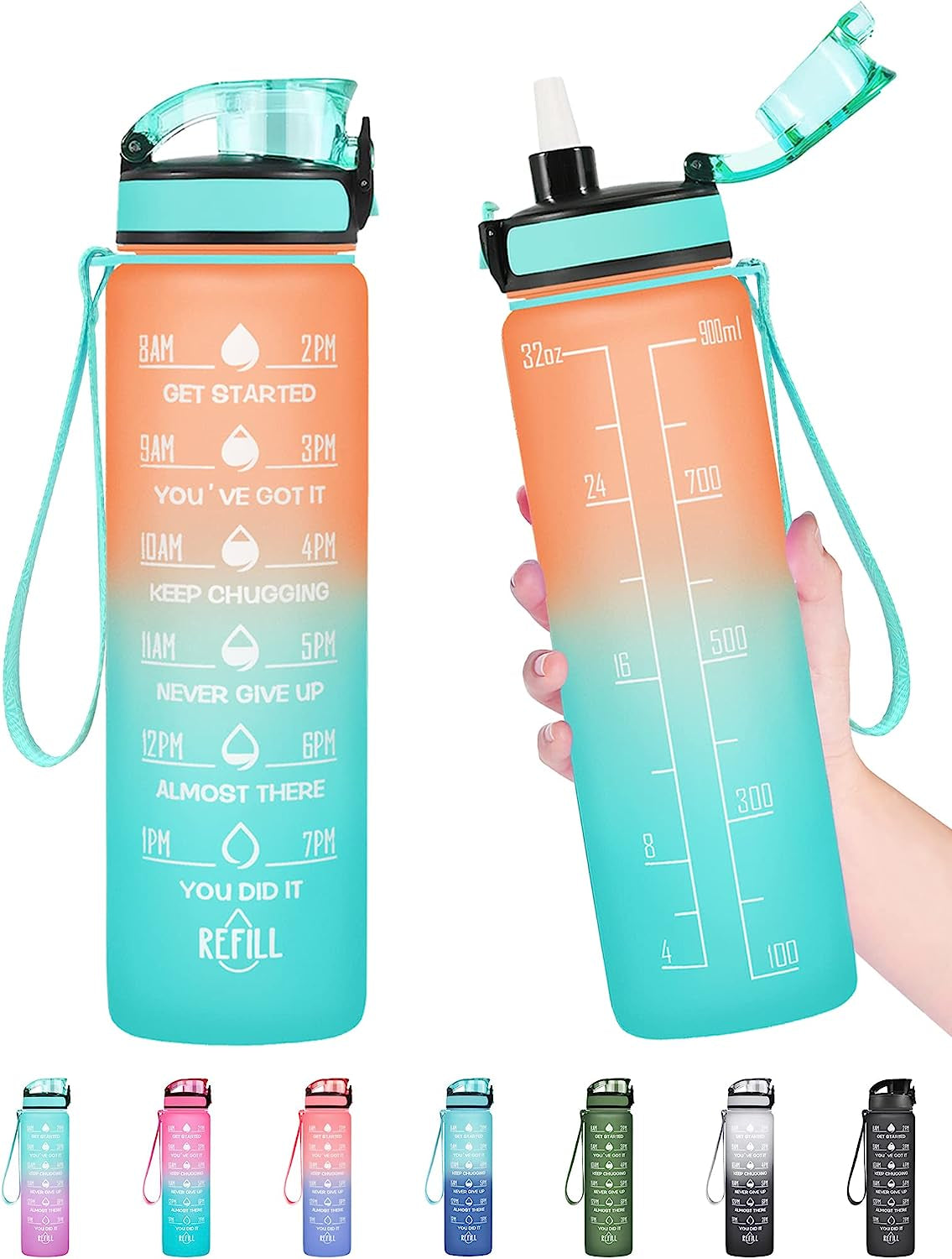 32 Oz Water Bottle, Leakproof BPA & Toxic Free, Motivational Water Bottle with Times to Drink and Straw, Fitness Sports Water Bottle with Strap for Office, Gym, Outdoor Sports, Gray-Black