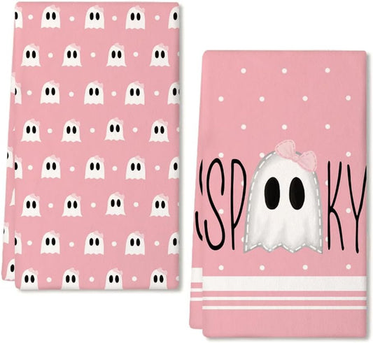 Halloween Kitchen Dish Towels Set of 2,Pink Ghost Bowknot 18X26 Inch Drying Dishcloth,Farmhouse Home Decoration AD112