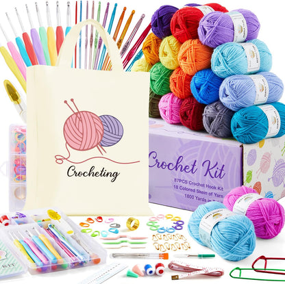 113 Piece Crochet with Yarn Set–1600 Yards Assorted Yarn 73PCS Crochet Accessories Set Including Ergonomic Hooks, Knitting Needles & More Ideal Beginner Kit