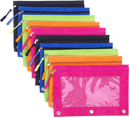 Binder Pencil Pouch with Zipper Pulls, Pencil Case with Rivet Enforced 3 Ring, Multicolored 5 Pack