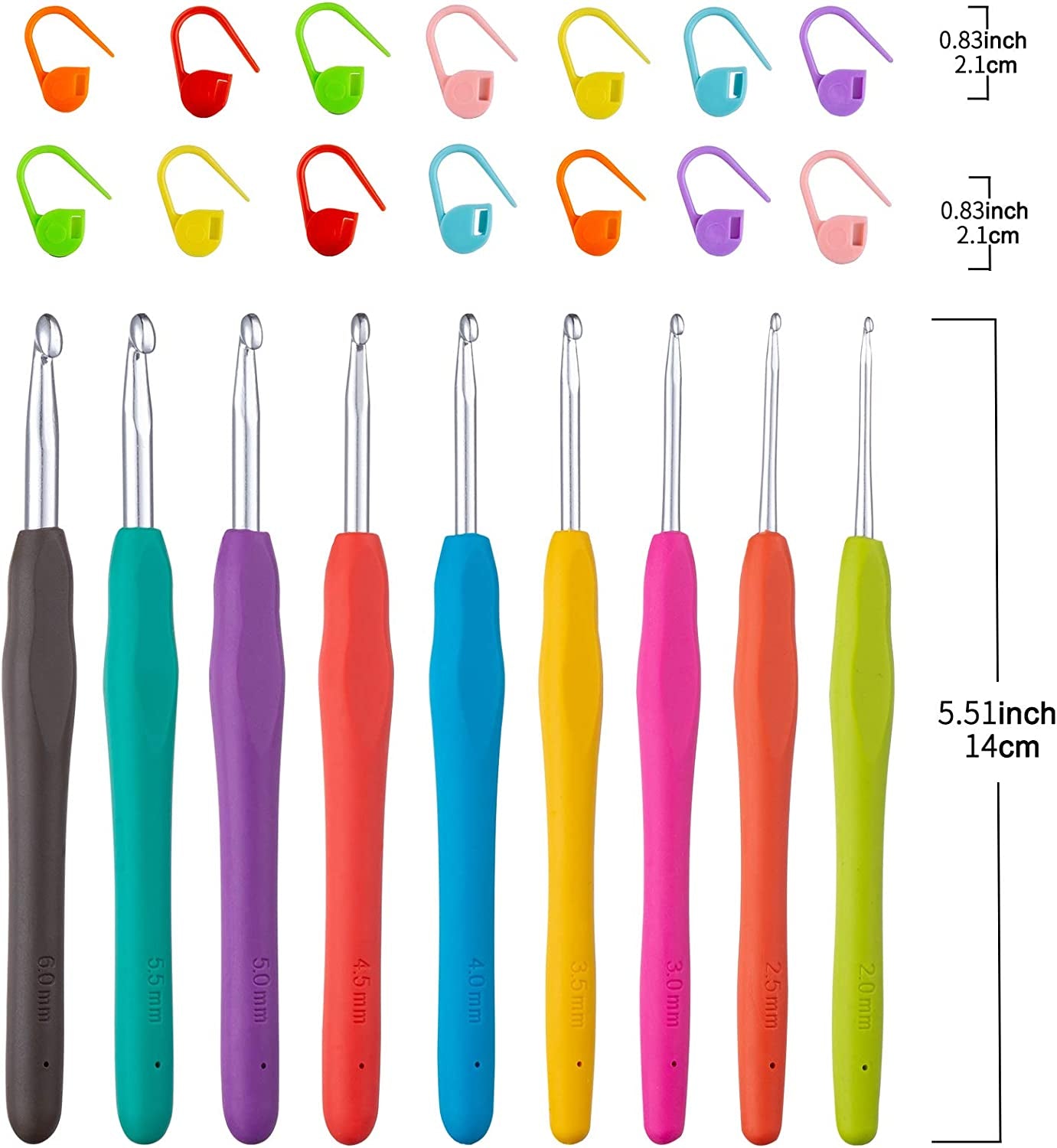 23 PCS Crochet Hooks, Ergonomic Handle Crochet Hooks Set for Arthritic Hands, Comfortable Smooth Crochet Needles Extra Long Knitting Needles with Stitch Markers, Rubber, Multicolor