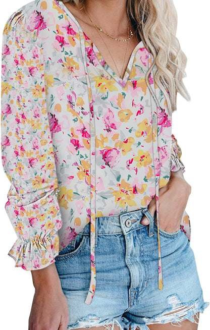 Women'S Casual Boho Floral Printed V Neck Tops Drawstring Short Long Sleeve T Shirt Blouses