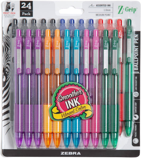 Pen Z-Grip Retractable Ballpoint Pen, Medium Point, 1.0Mm, Assorted Fashion Colors, 24-Pack