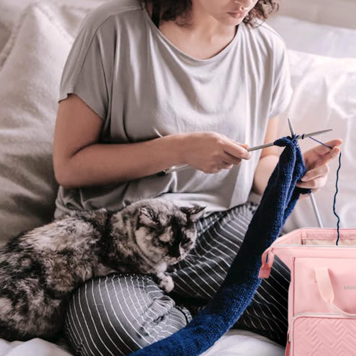 Knitting Bag Backpack, Yarn Storage Organizer Large Crochet Bag Tote Christmas Gift Yarn Holder Case for Carrying Projects, Knitting Needles (Pink)