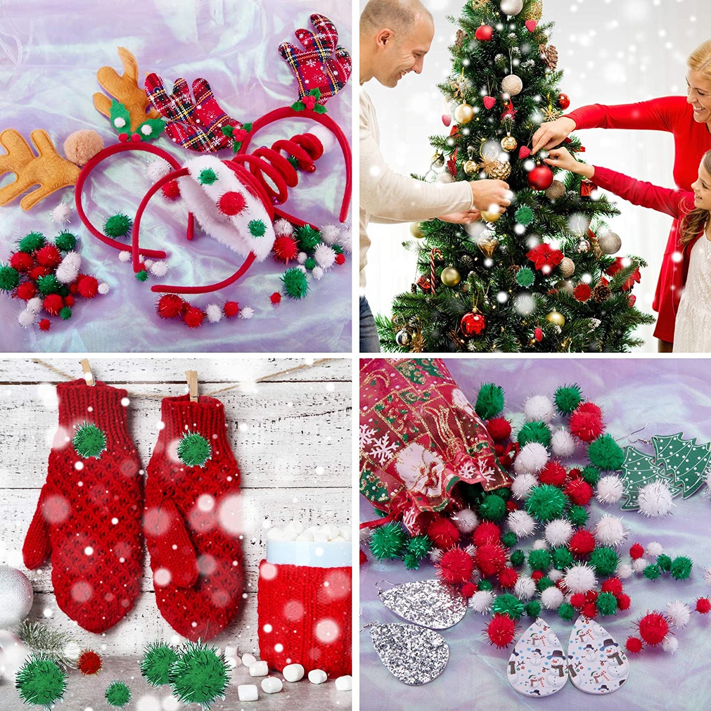 1200 Pieces Christmas Pom Pom Tinsel Pom Pom Balls Glitter Fluffy Pom Pom for Craft Making and Christmas Decorations (4 Sizes, White, Green, Red)