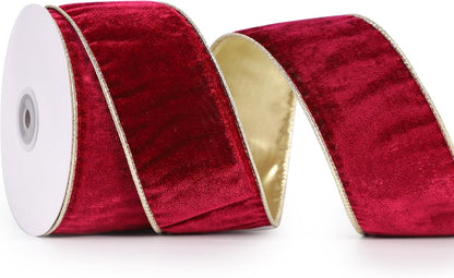 Burgundy Velvet Ribbon Wired 2.5" X 10 Yards Burgundy Wired Christmas Ribbon with Gold Backside, Burgundy and Gold Christmas Tree Ribbon for Wreaths and Garlands, Crafts, Gift Wrapping