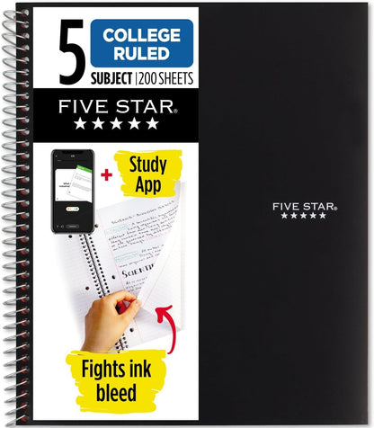 Spiral Notebook + Study App, 5 Subject, College Ruled Paper, Fights Ink Bleed, Water Resistant Cover, 8-1/2" X 11", 200 Sheets, Blue (73635)