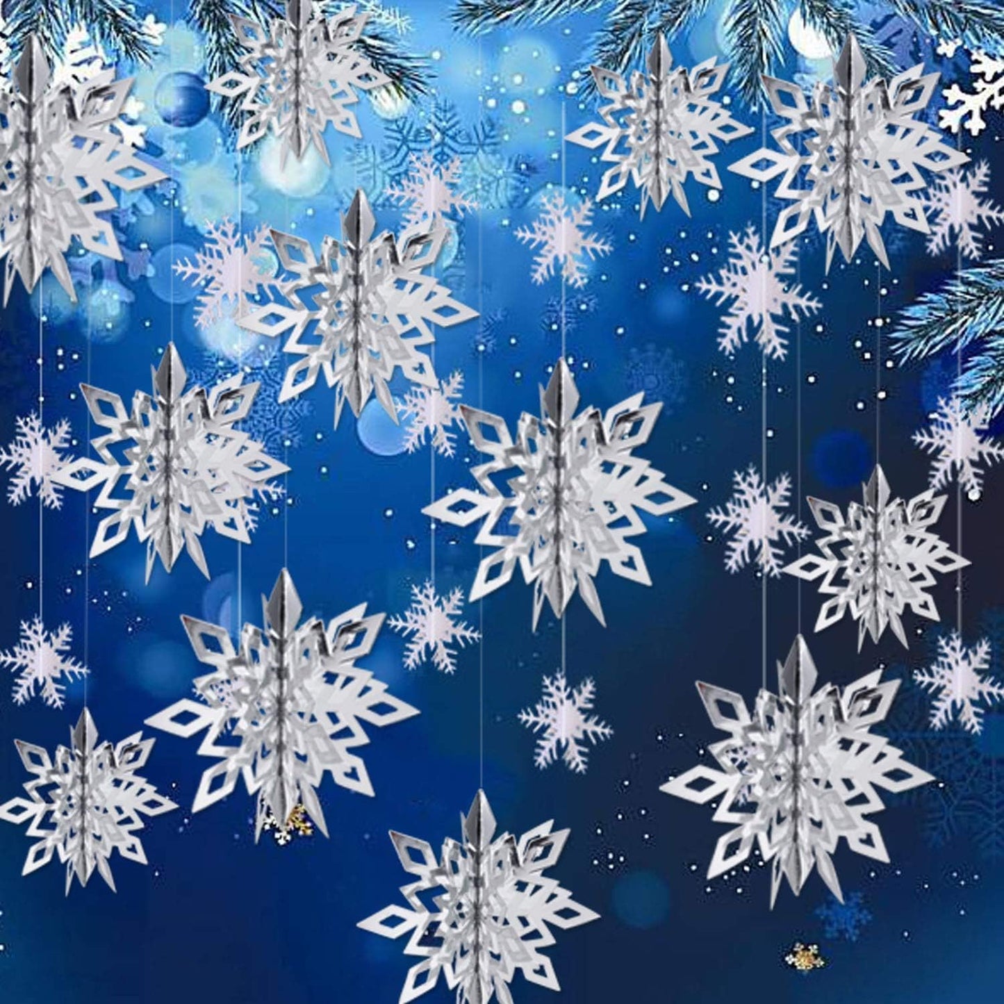 Winter Christmas Snowflake Decorations Indoor, 24PCS 3D Silver Blue Snowflakes Christmas Hanging Ornaments for Home Xmas Christmas Holiday Winter Wonderland New Year Party Decor Supplies