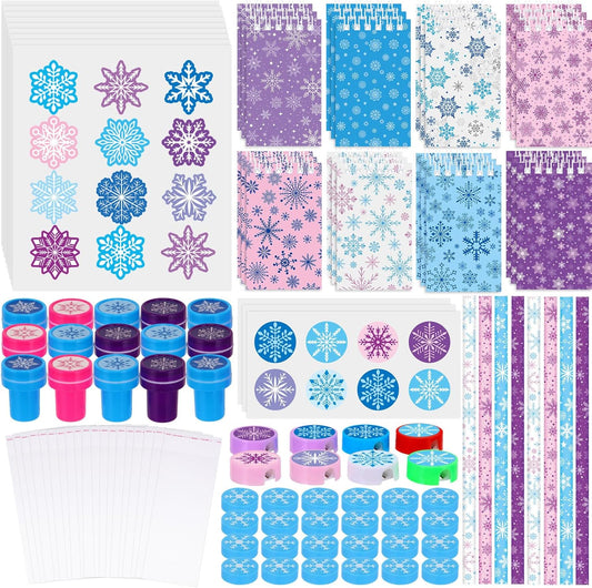 192 Pieces Christmas School Stationery Set Xmas Classrooms Exchange Stationery Gifts Party Favors Class Reward Prizes Notebooks Pencils Sharpener Erasers Stickers Stamps for Party Supplies (Snow)