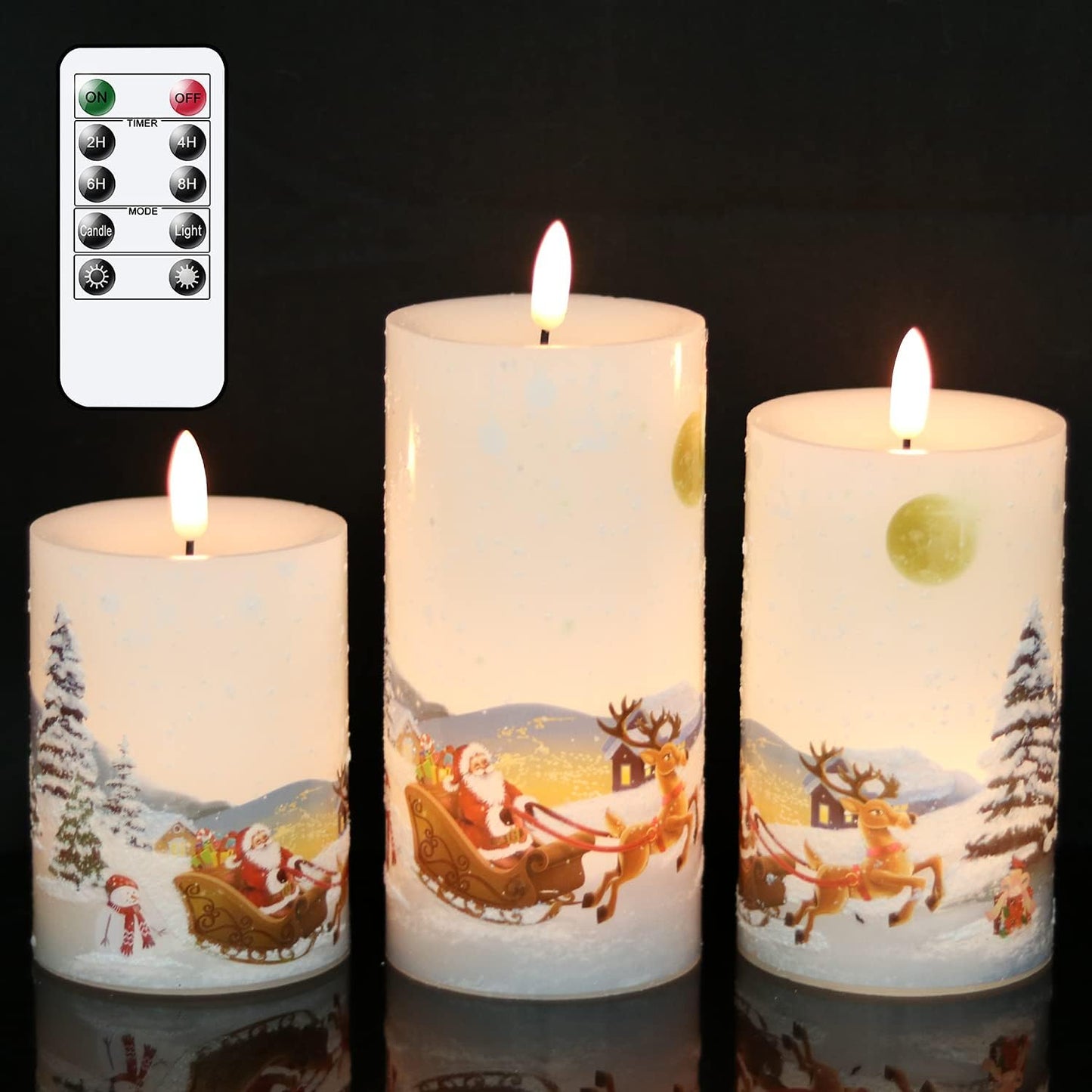 Christmas White LED Flameless Flickering Candles Battery Operated with 10-Key Remote and Timer Set of 3 Realistic 3D Wick Real Wax Holiday Flameless Pillar Candles, Santa Decal