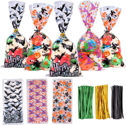 150 Pcs Halloween Cellophane Treat Bags,Candy Bags Bats Pumpkin and Witch Halloween Goody Bags with 300 Twist Ties for Kids Halloween Party Favor