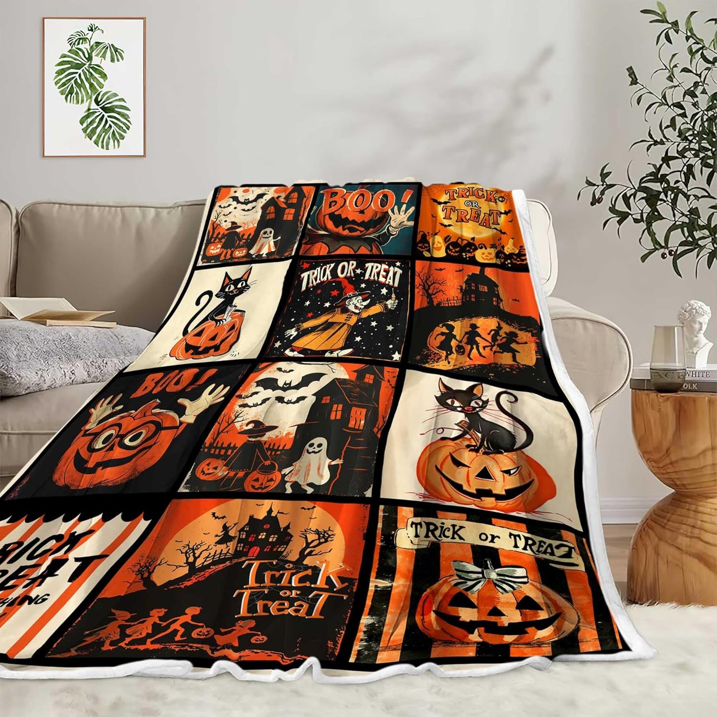 Halloween Throw Blanket, Fall Autumn Halloween Chic Treat or Trick Candy Gift for Kids Cozy Bed Couch Blanket, Soft Comfy Fleece Flannel Throws Blankets Livingroom Bedroom Decor