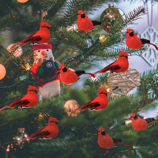 -Cardinal Clip on Christmas Tree Ornament Decorations - Red Feathers Set of 12 Pieces Each Is 2.8" Lon(B)