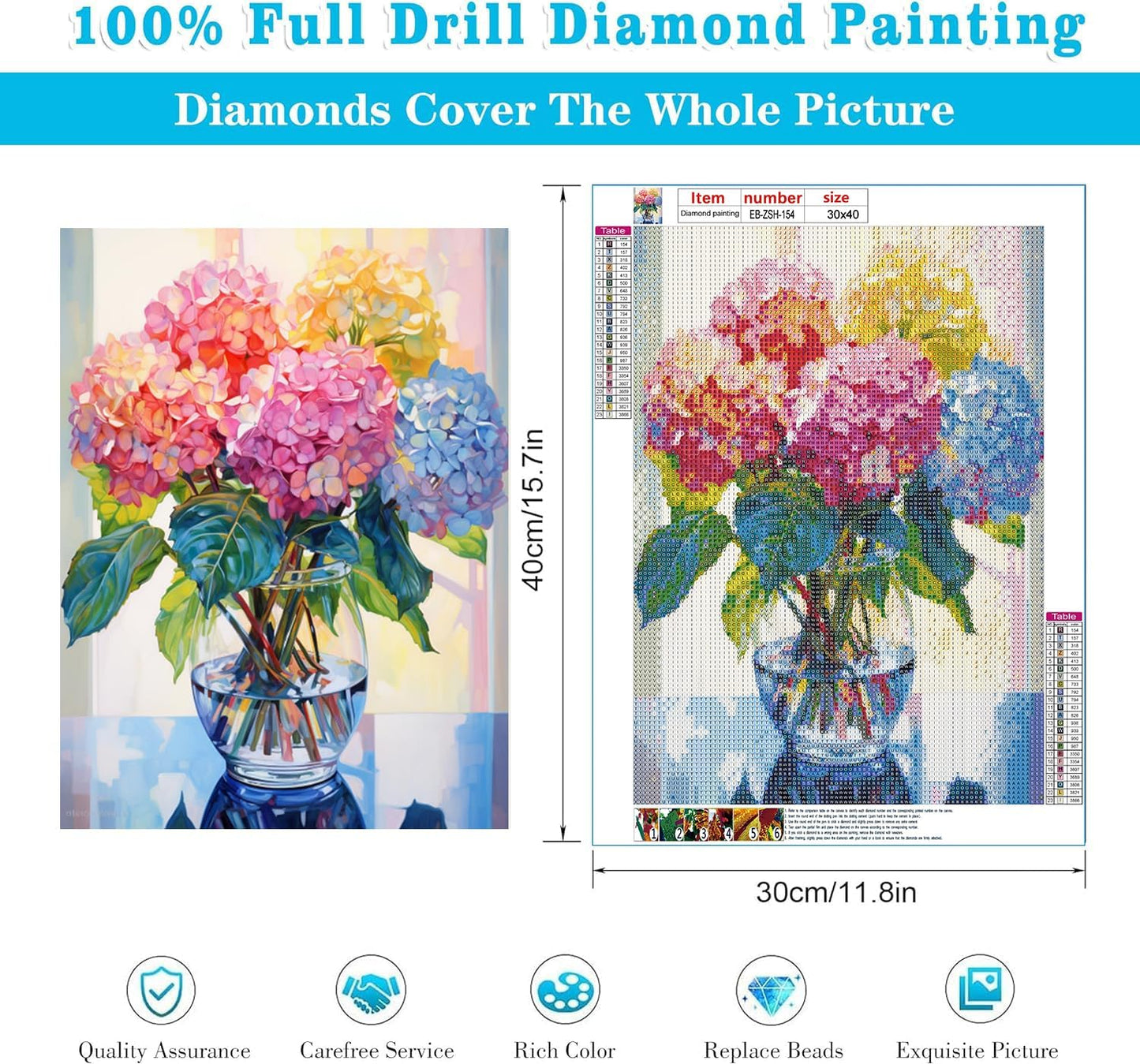 Diamond Painting Kits for Adults, Hydrangea in Glass 5D Diamond Art Kits for Beginner DIY Full Drill Diamond Dots Crystal Craft Kits for Home Wall Decor Gifts 11.8X15.7 Inch