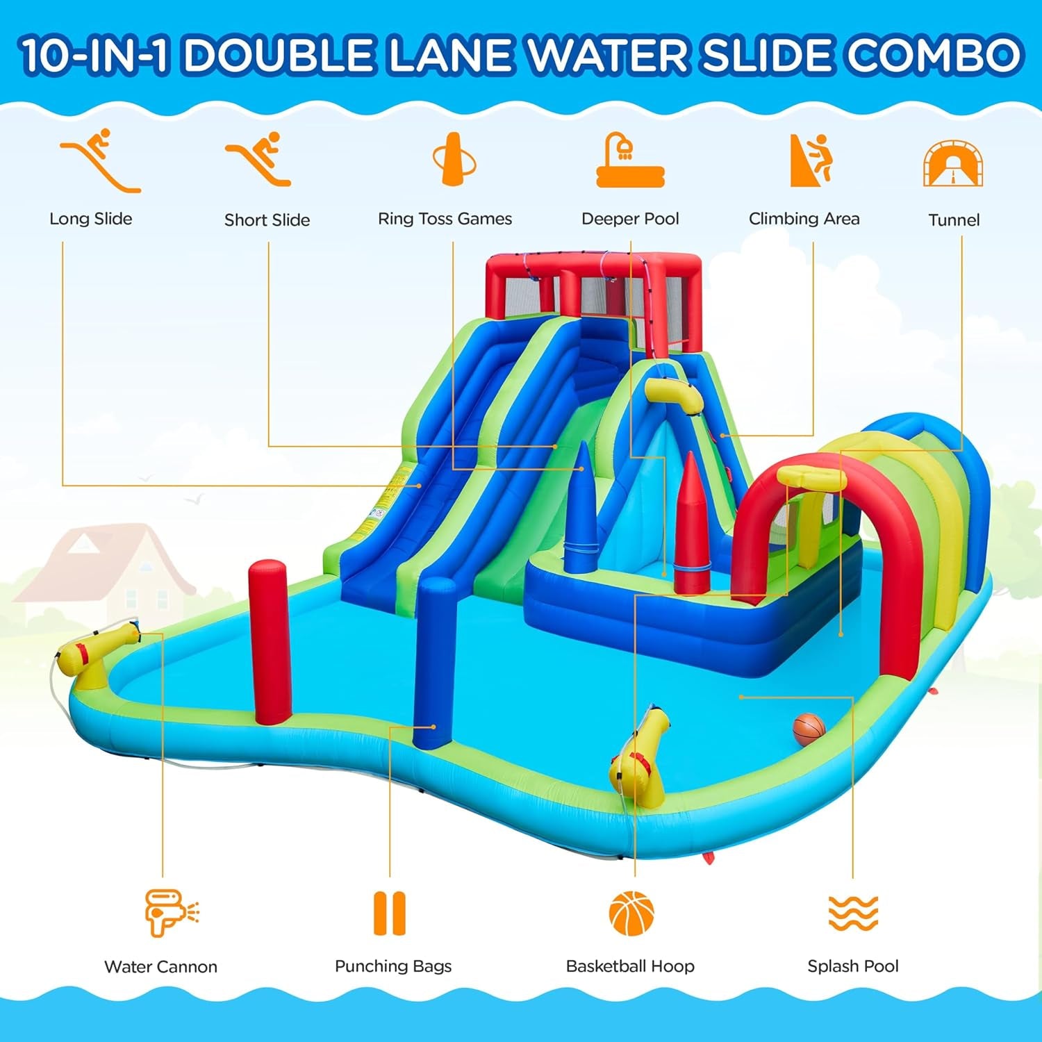 Inflatable Water Slide, Double Lane Water Slide Combo W/Long Tunnel & Climbing Wall & Punching Bags & Ring Toss Game, Kids Inflatable Water Park W/Storage Bag & 650W Blower