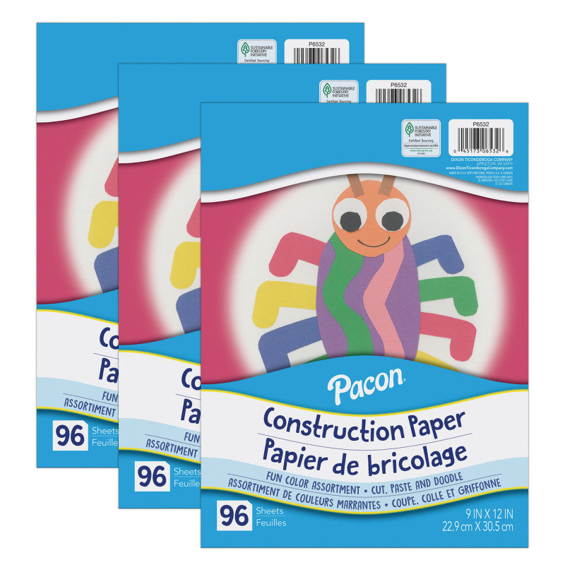 Construction Paper, Lightweight, Assorted Colors, 9" x 12", 96 Sheets Per Pack, 3 Packs