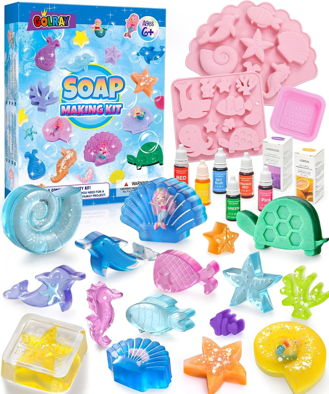 Mermaid Soap Making Craft Kit Kids Toy, 18 Model, 6 Ink, 2 Essential Oil Supply, Art and Craft for Kid Girl Age 8-12 Year Old Ocean Animal Toy Birthday Gift, DIY Science Kits (Create 16+Pcs)