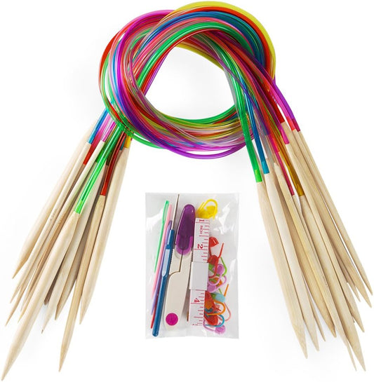 18 Pairs Bamboo Knitting Needles Set,  Circular Wooden Knitting Needles with Colorful Plastic Tube, Small Tools for Weave Are Included, 18 Sizes: 2Mm - 10Mm, 31.5" Length