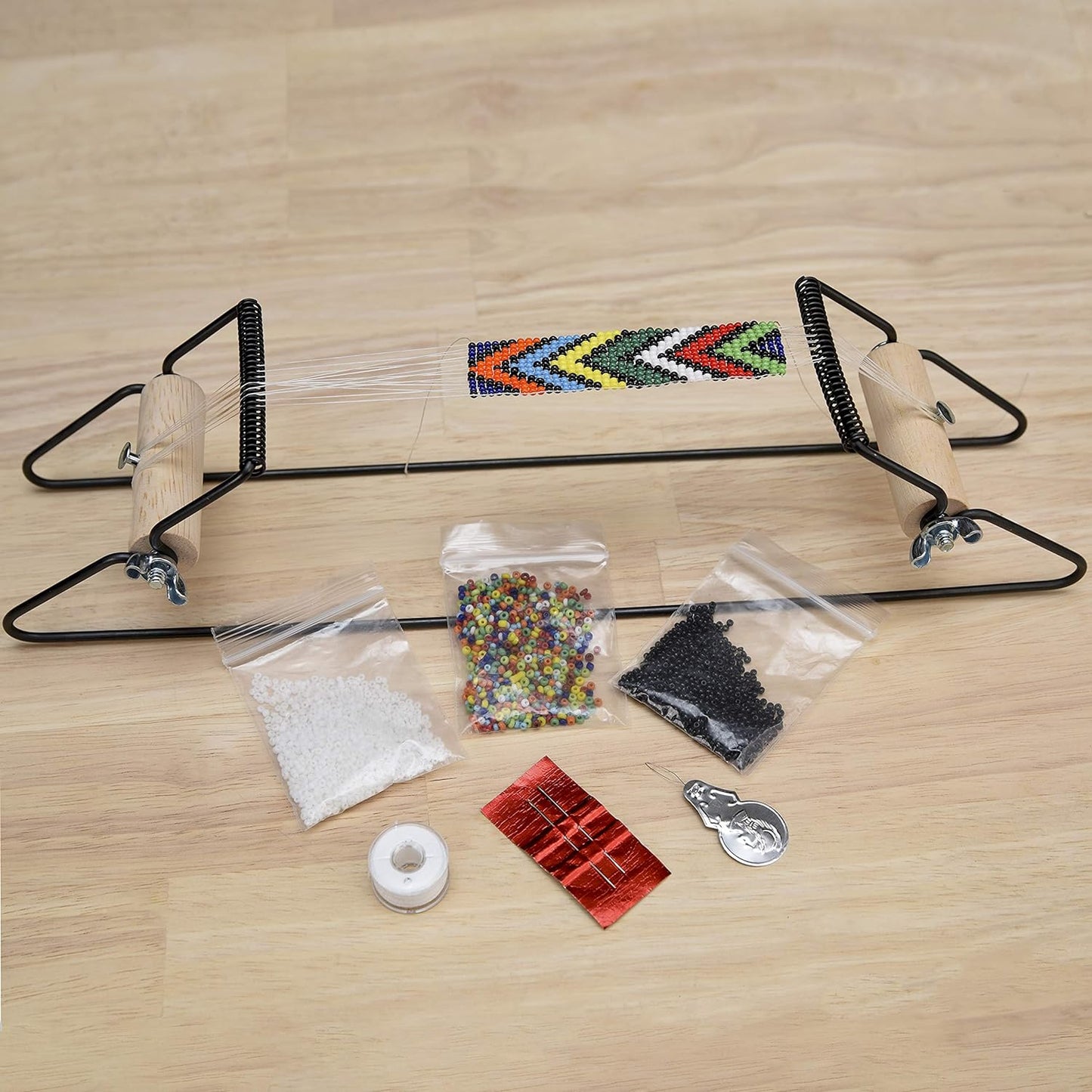 Metal Bead Loom Kit, Includes Loom (12.5" X 2.5" X 3"), Thread, Needles, and 18 Grams Glass Beads for Bracelets, Necklaces, Belts, and More
