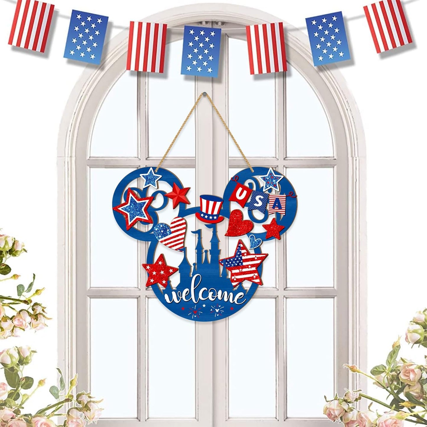 4Th of July Door Sign Mouse Shaped Decorations, Patriotic Stars USA Wooden Signs, American Flag Welcome Hollow Out Wood Hanging Sign for Front Door Decor, Independence Day Party Home Wall Decor