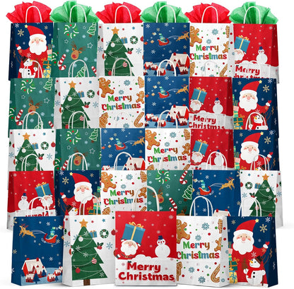 Christmas Gift Bags 30 PCS, 7.5"X9"X3.5" Durable Christmas Bags with Tissue Paper, 6 Styles Gift Bags Bulk with Handles, Reusable Small Gift Bags Xmas Paper Bags, Party Favors Holiday Gift Bags, Colorful