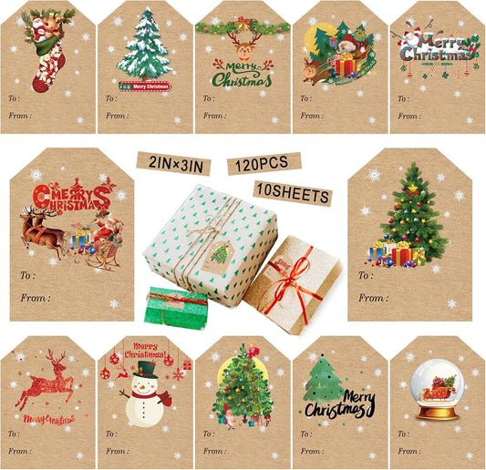 120 Pcs Christmas Gift Tags, Christmas Self Adhesive Gift Tag Stickers, Holiday Labels for Gifts Santa, Snowman, Tree, Reindeer Present Name Labels for DIY Xmas Gift, 2 X 3 Inch, Kraft Paper Stickers