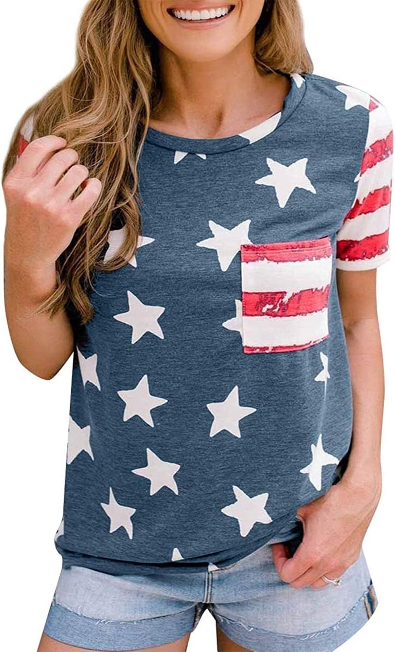 Womens American Flag Shirt 4Th of July T-Shirt Patriotic Short Sleeve Tee USA Flag Stripe Star Summer Blouse Tops