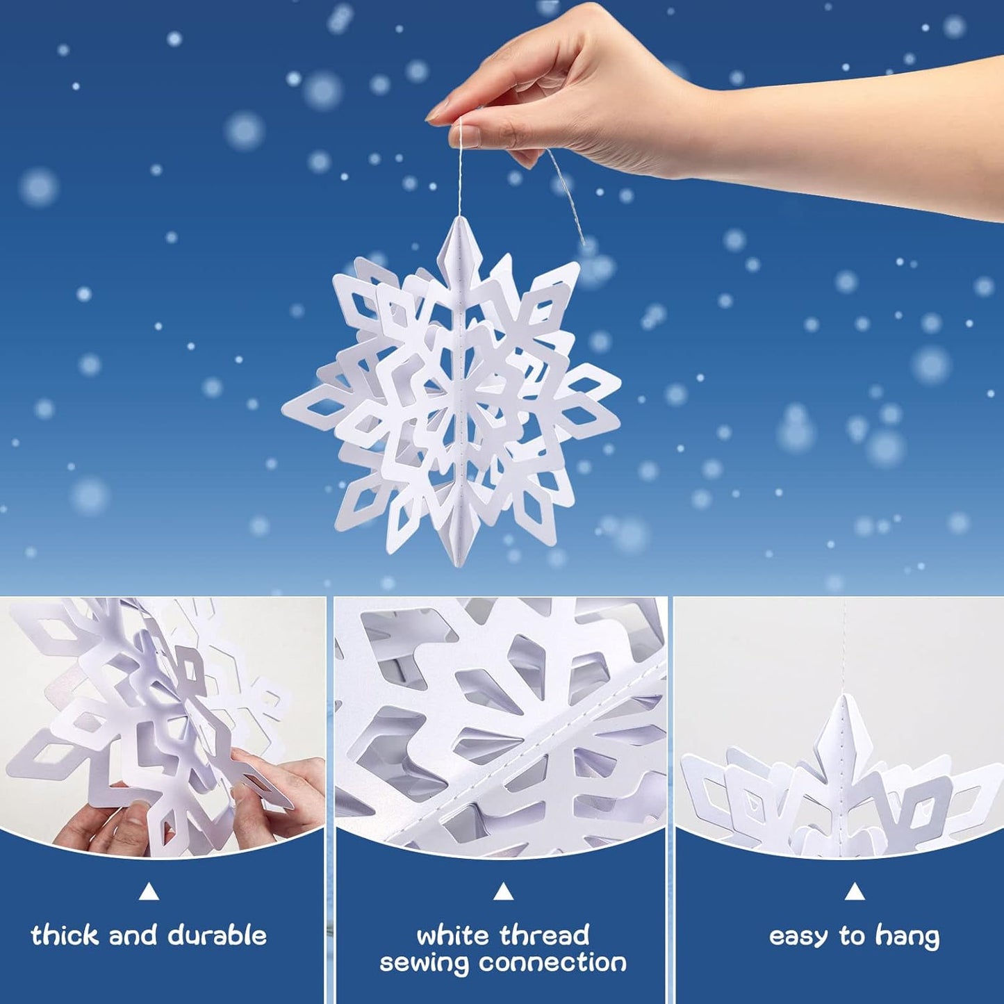 12PCS Christmas Hanging Snowflake, 3D Iridescent Snowflake Decorations, Garland Glittery Hanging Snowflake Ornaments for Christmas Tree Winter Wonderland Decorations Indoor Outdoor