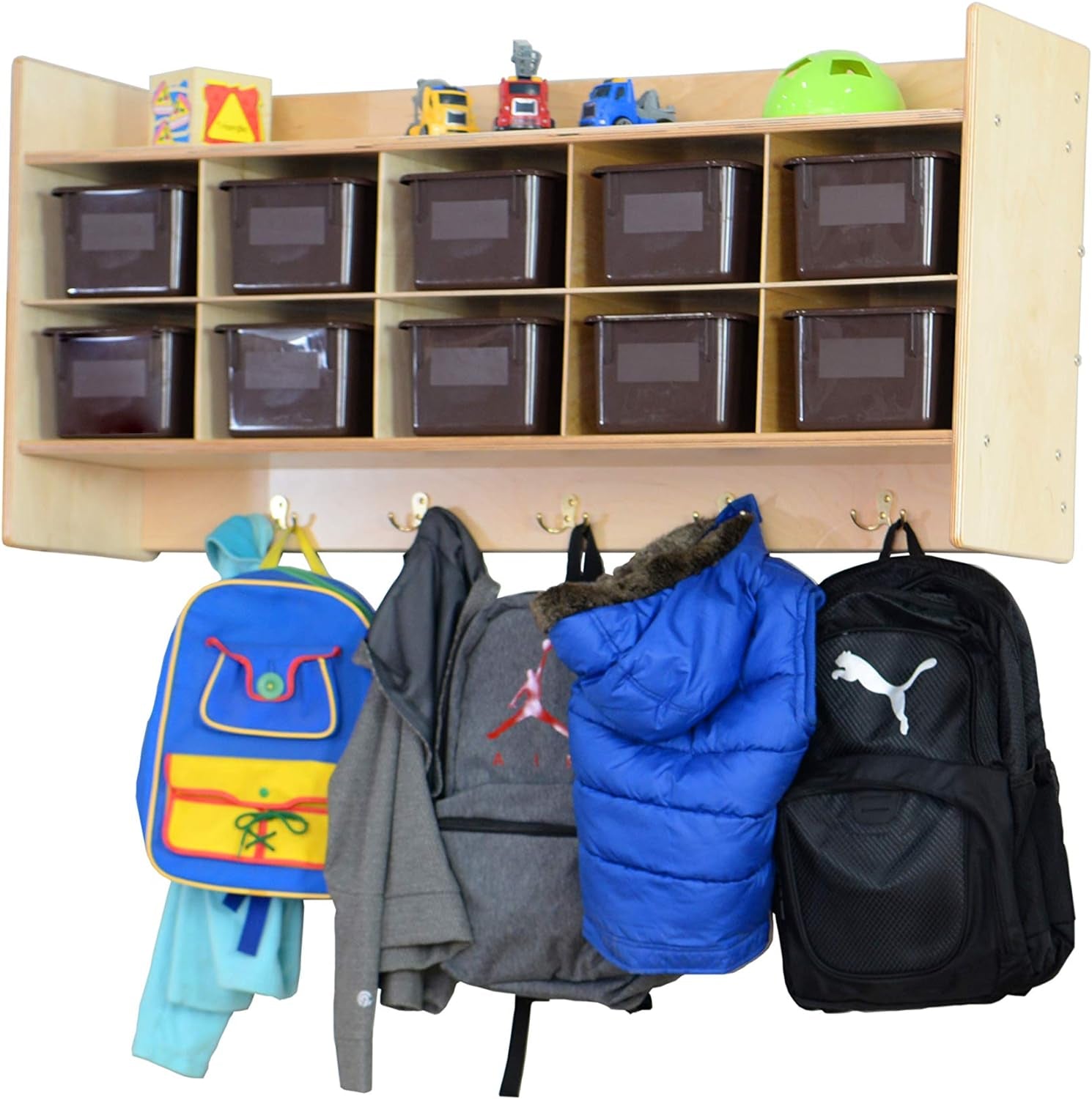 10 Section Wall Cubby Shelve with Brown Plastic Storage Containers for Organizing House and Playrooms, 100% Birch Plywood and UV Finish