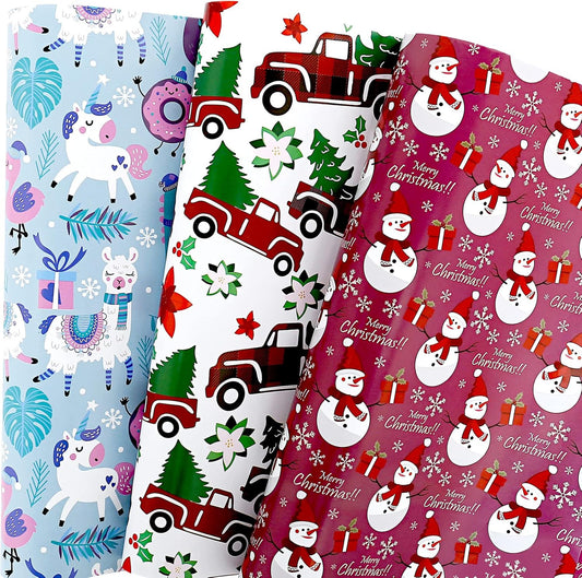 Christmas Gift Wrapping Paper Large Sheet for Kids Boys Girls Baby Women Men Xmas Wrapping Paper 3Style Christmas Sloth Llama Santa Snowman Tree Truck Car Gift Wrap Paper (27*39.4Inch