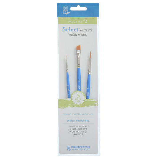 Select Artiste Brush Set No. 2, Synthetic Bristles, Short Handle Mixed Media Paintbrush, Jewel Blue, 3 Pieces