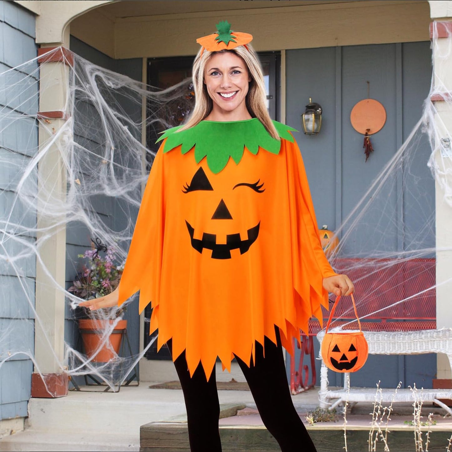 Halloween Pumpkin Costume for Women,Pumpkin Poncho for Adults with Headband & Bag,Halloween Costume for Women