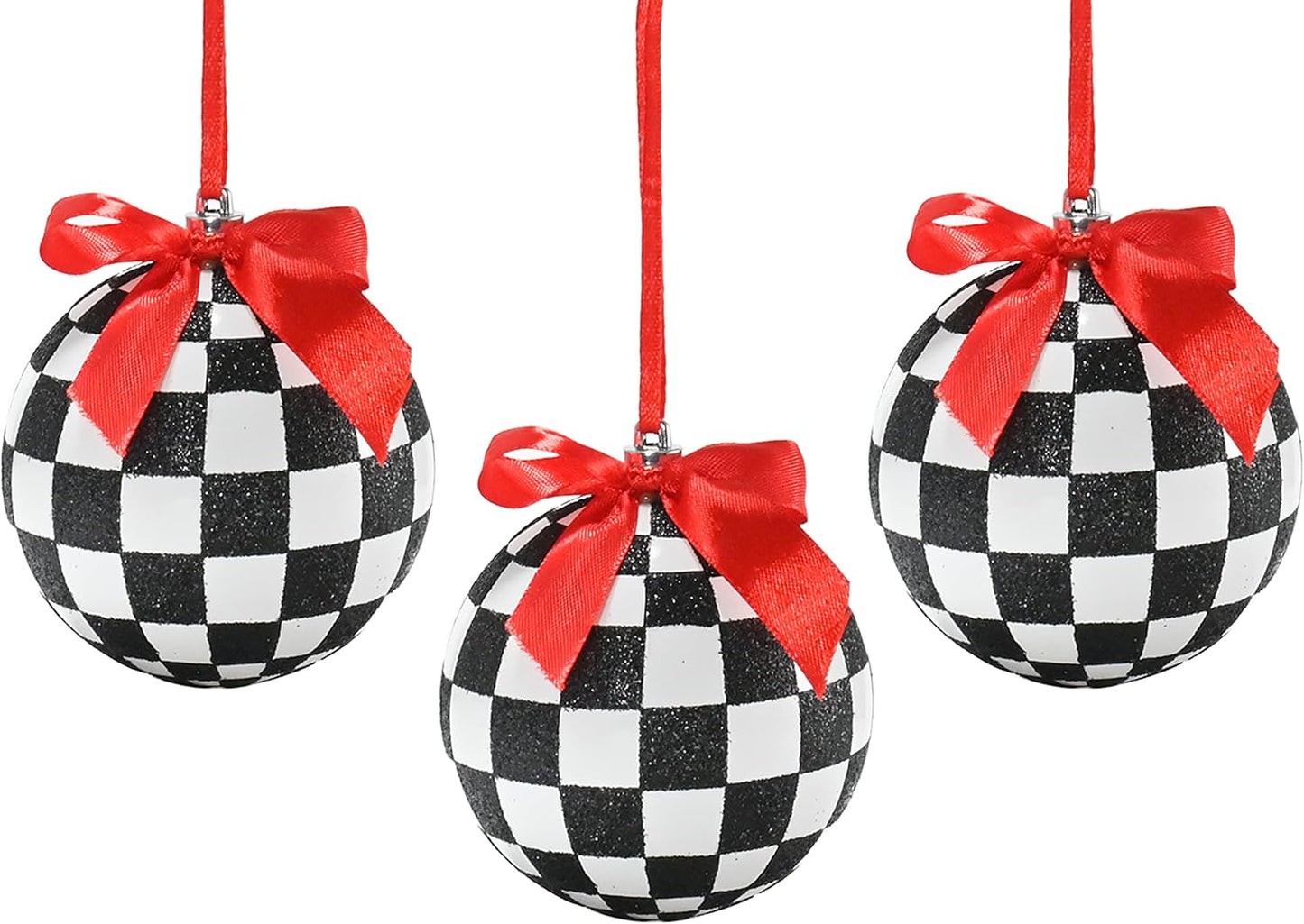 Black and White Ornaments - Glittered Black and White Checkered Ball Checked Ornament with Red Bow, Glitter, and String Christmas Tree Xmas Decoration Set - 3.5" Pack of 12