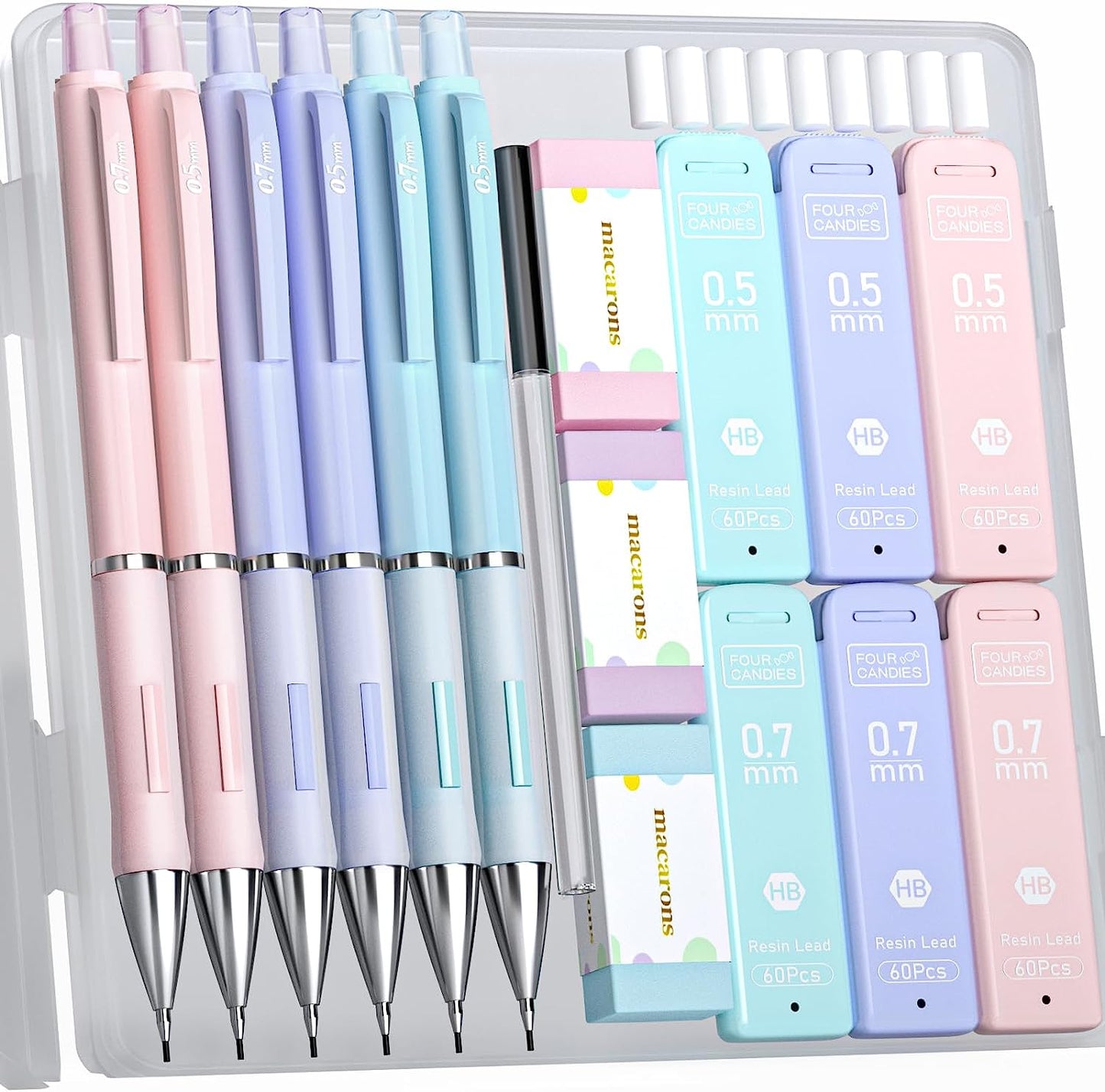 Pastel Mechanical Pencil Set - 6PCS 0.5 Mm & 0.7Mm Pencils with 360PCS HB #2 Lead Refills, 3PCS Erasers and 9PCS Eraser Refills, Cute School Supplies Stuff for Student Writing Drawing