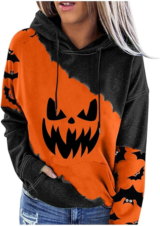 Halloween Hoodie for Women 2024 Scary Pumpkin Printed Long Sleeve Sweatshirts Pullover Cute Costumes with Pockets