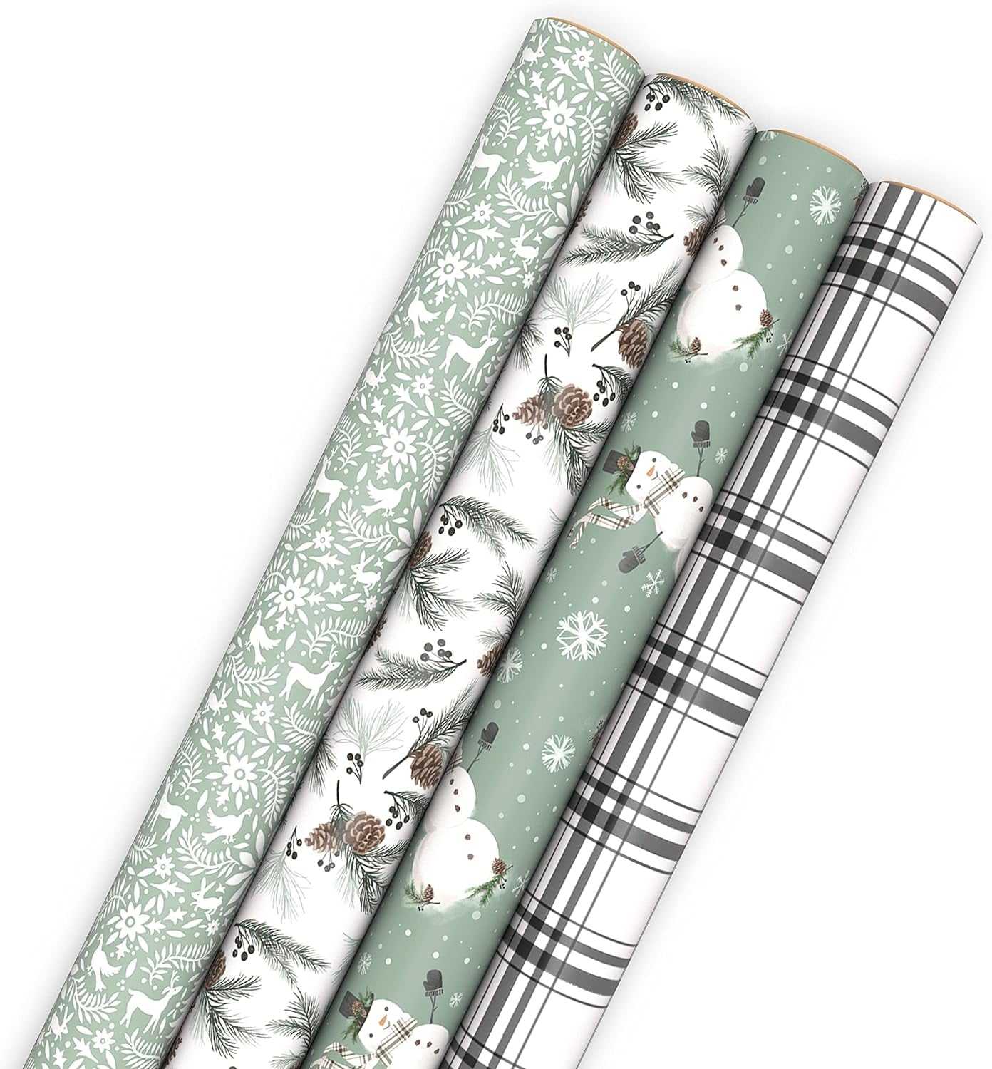 Recyclable Neutral Christmas Wrapping Paper (4 Rolls: 100 Sq. Ft. Ttl) White and Sage Green Evergreen Pinecones, Rustic Snowmen, Plaid, Nordic Deer and Foliage