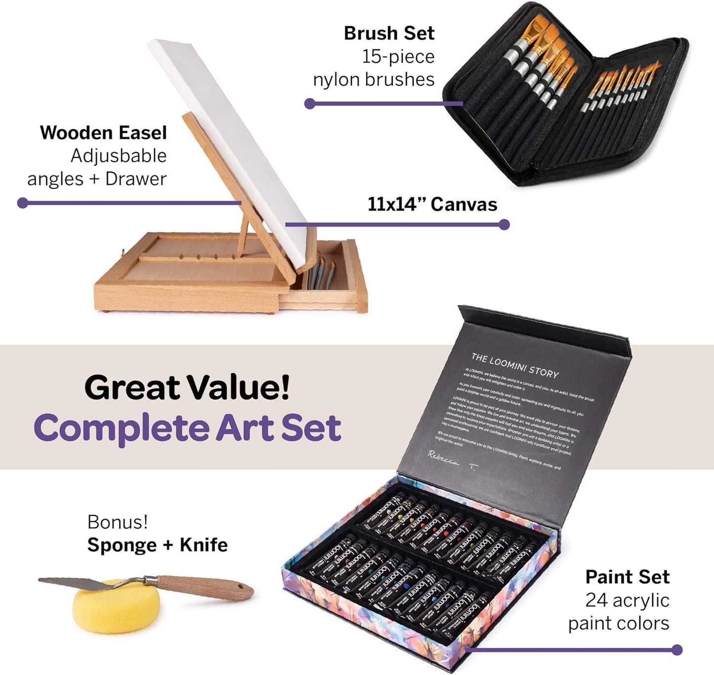 Acrylic Paint Set for Adults & Kids Includes Tabletop Easel Canvas and Brushes 24 Acrylic Paint Colors 15 Brushes 1 Easel 1 Canvas | Painting Kit for Adults